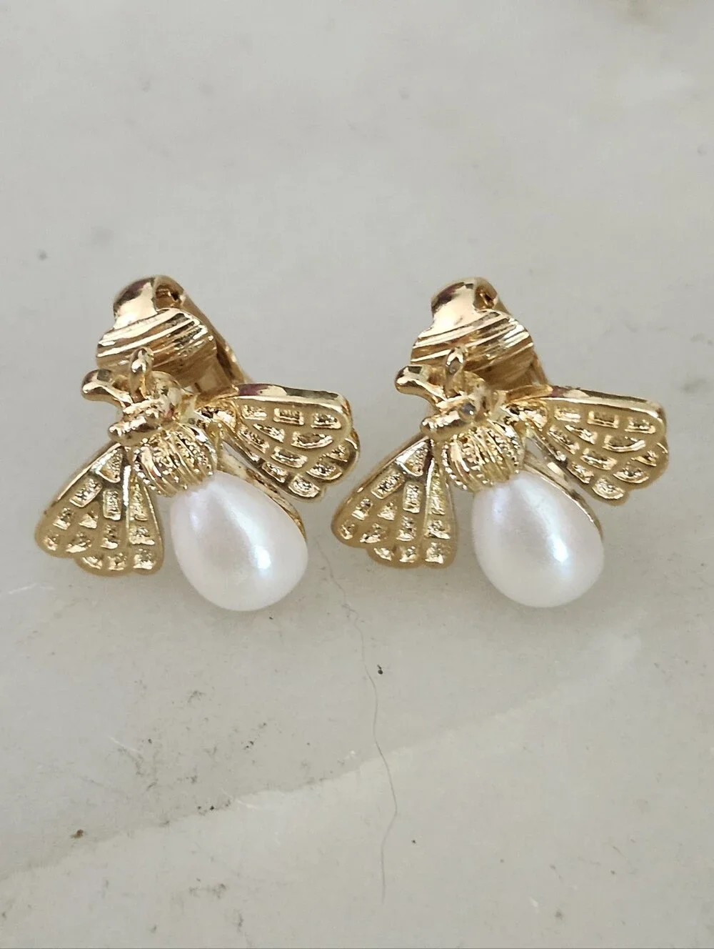 Gold Tone Bee Faux Pearl Clip On Earrings - Vintage